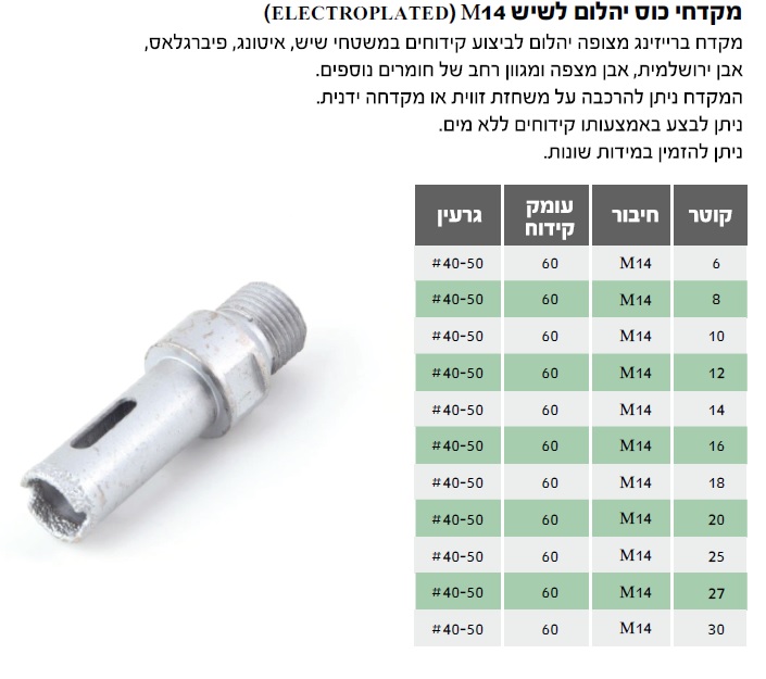 מקדח כוס יהלום 45 מ"מ ברייזינג לשיש M14 — מידות ופרטים