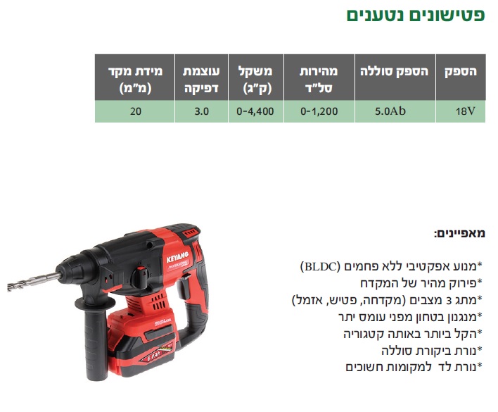 פטישון נטען 5 18V KG אמפר HD18BL — מידות ופרטים